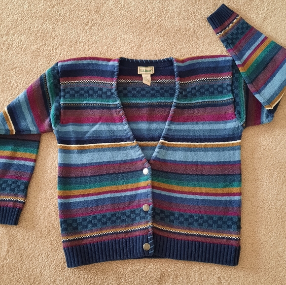 L.L. Bean Sweaters - L.L. Bean Multicolor Stripe V-Neck Cardigan - Navy, Teal, Burgundy, Gold